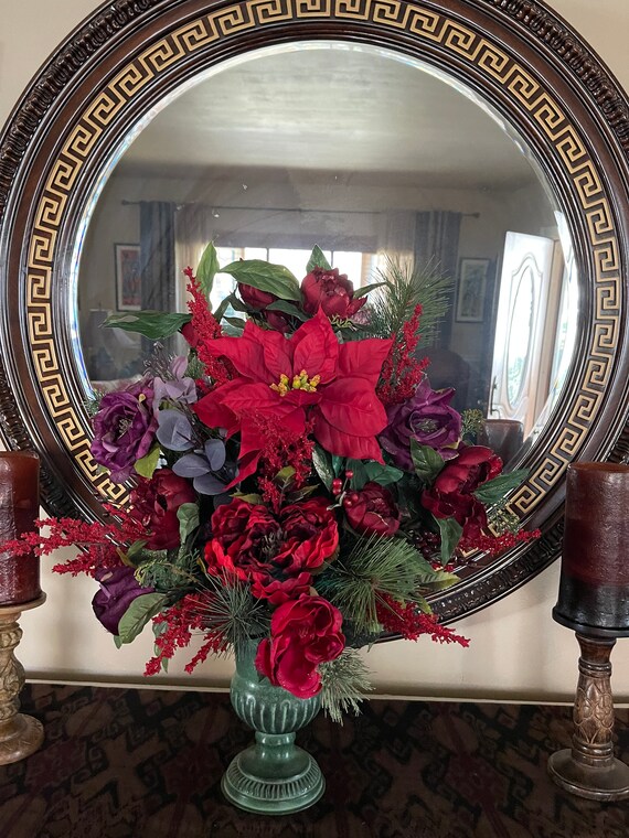 Faux Silk Artificial Christmas Arrangement. Red Poinsettia, Glittered  Purple Roses, Red Peonies, Pine Branches in A Green Metal Vase. 