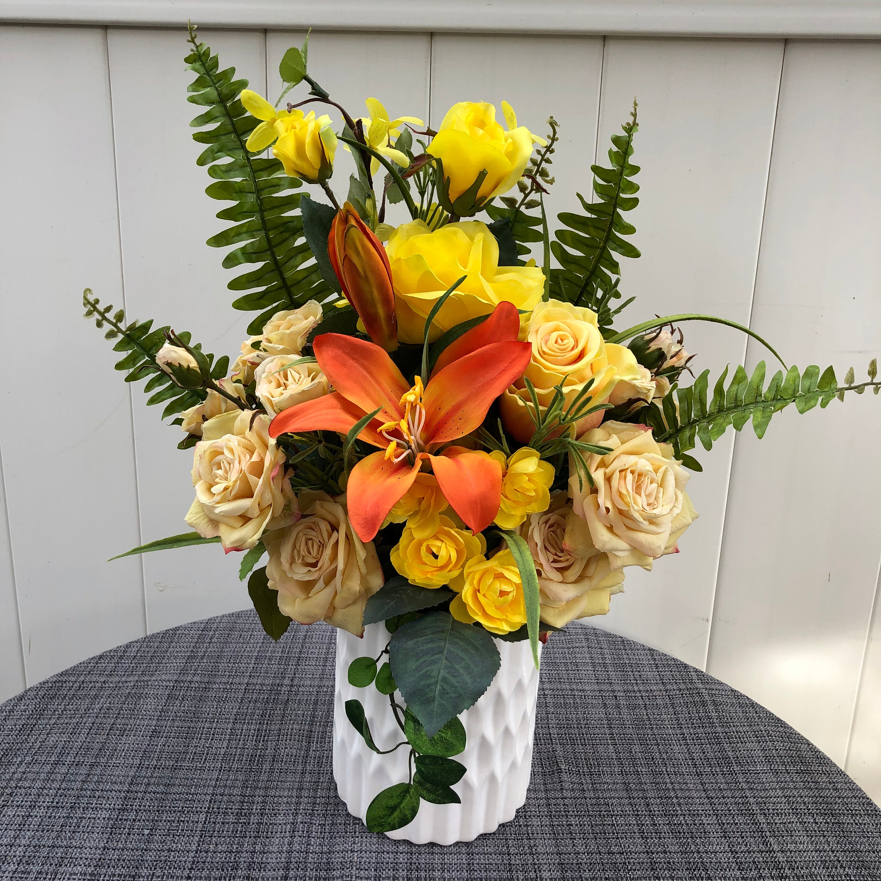 Yellow Roses Arrangement Faux Silk Flower Arrangement Spring Yellow Flowers Arrangement Large Yellow Rose Buds With Coral Base White Vase Etsy