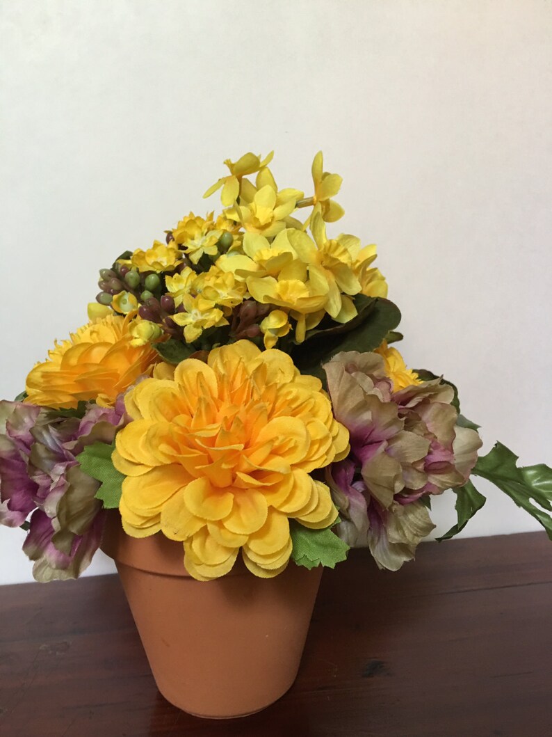 Clay Pot of Faux Silk Mini Mums Gold Mums with Lavender and Etsy