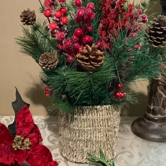 Artificial Silk Christmas Arrangement. Faux Pine Branches. Red Holly  Berries With Faux Accent Pine Cones. Natural Wicker Square Container. 