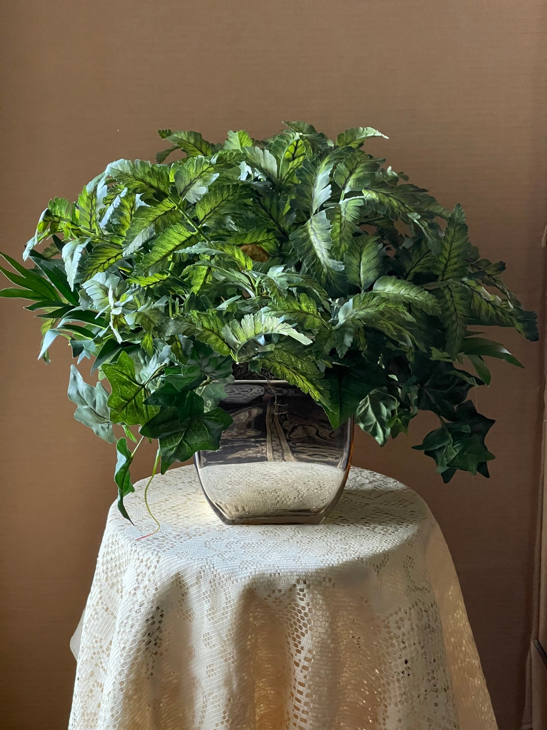 Faux Silk Green Plant. Fern With Burgundy Veins and Red Tendrils