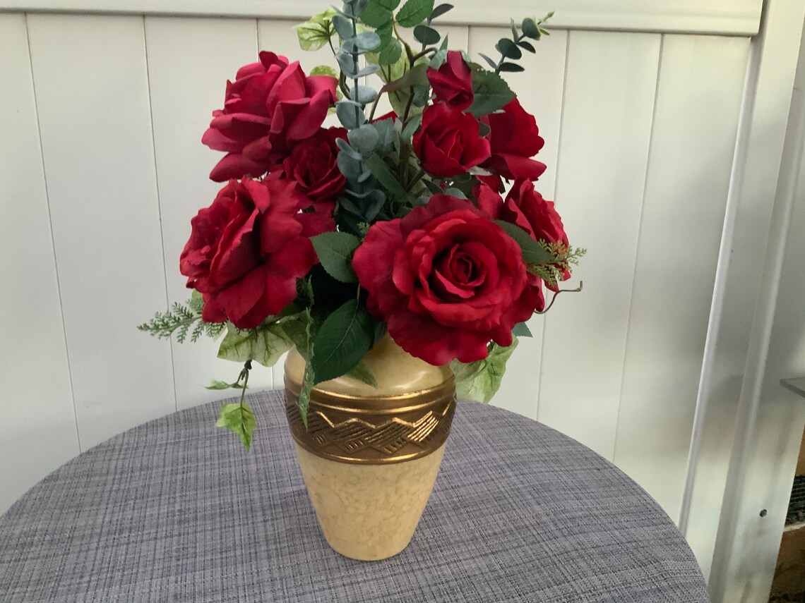 Silk Red Roses Arrangement With Greenery in a Warm Cream Vase With Gold