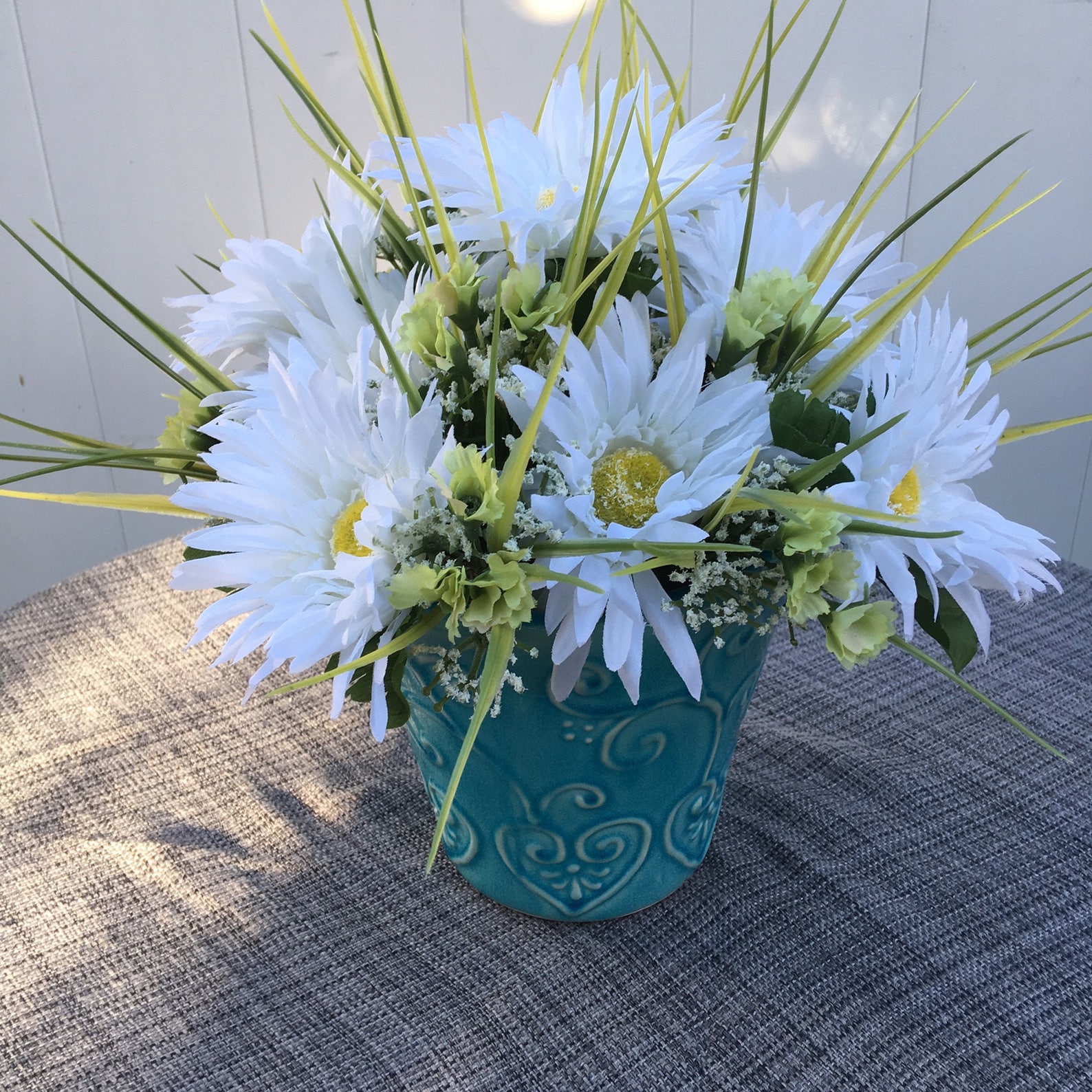 Faux Silk Flower Arrangement White Gerber Daisies Large Yellow Etsy