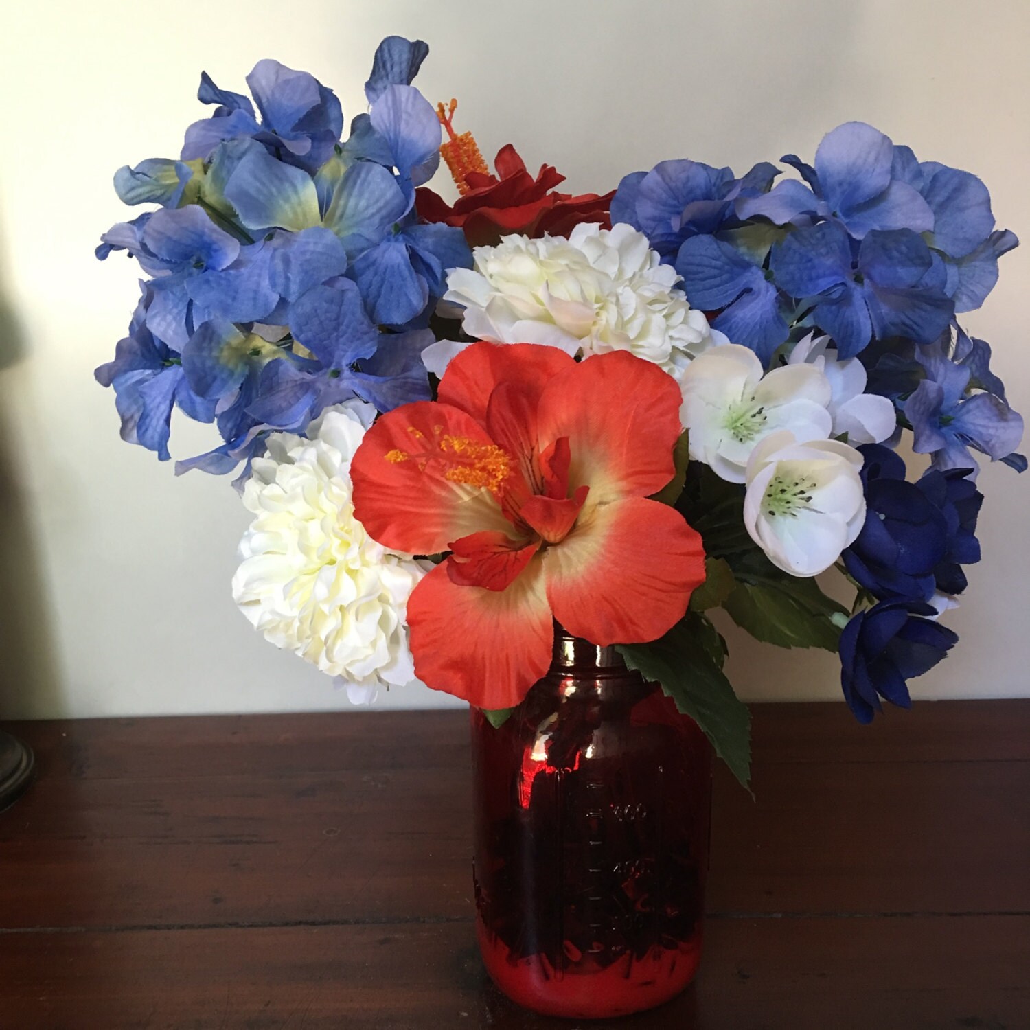 Hibiscus,hydrangea, and Carnations , Red White and Blue Patriotic