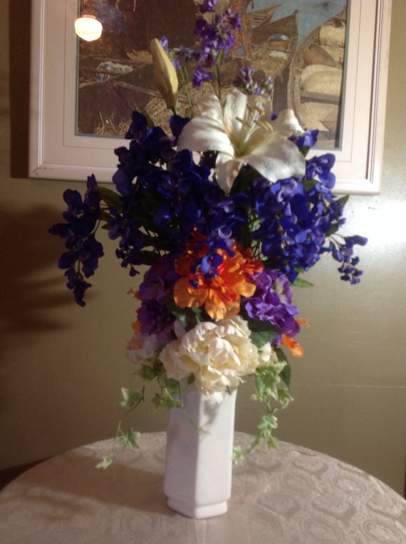 Faux Silk Flower Arrangement In Tall Cream Octagon Vase With Etsy