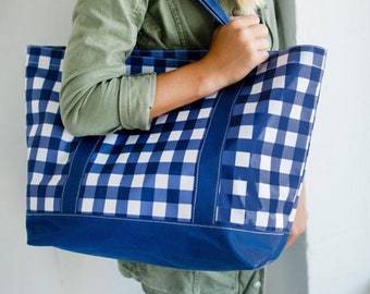 Monogram Owen Tote Bag, Personalized Bag, Bridesmaid Tote,  Embroidered Duffle Bag, Monogram Carry On, Blue Gingham Bag
