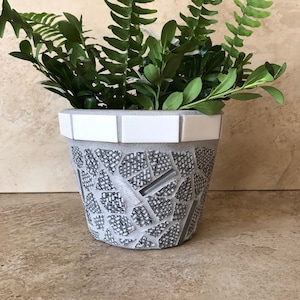 May include: A gray ceramic planter with a white mosaic rim, filled with green leafy plants.