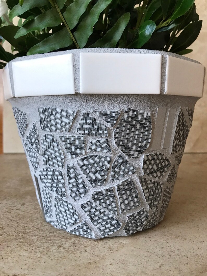 Glass & Tile Mosaic Flower Pot, Graywhite Outdoor Patio Pot, Indoor