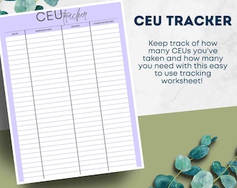 Könnte beinhalten: Ein druckbares CEU-Tracker-Arbeitsblatt mit Spalten für Datum, Beschreibung, Stunden und Code/Kategorie. Das Arbeitsblatt hat einen hellvioletten Hintergrund mit einem weißen Raster.