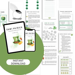 May include: A digital download for a Saint Patrick's Day activity book. The cover features a green shamrock and a leprechaun's hat with gold coins. The book includes activities such as reading comprehension, find the letters, and a service project ideas page.