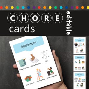 May include: A printable chore chart for the bathroom with illustrations of tasks like hanging up towels, wiping off the counter, cleaning the floor, and throwing away trash. The chart is labelled "bathroom" and includes the text "editable".