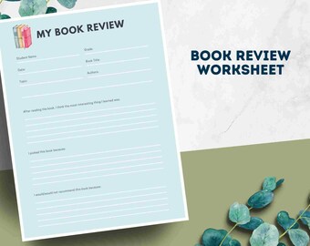 Może przedstawiać: Drukowana niebiesko-biała karta pracy do recenzji książki z tytułem "My Book Review" i "Book Review Worksheet". Karta pracy zawiera pola na imię i nazwisko ucznia, datę, temat, klasę, tytuł książki i autora. Są też sekcje, w których uczniowie mogą napisać o tym, czego dowiedzieli się z książki, dlaczego ją wybrali i czy by ją polecili.