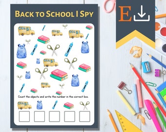 Back To School I Spy , Printable Desk Activity, Open House Desk Game, Watercolor Game, First Day game, First day of school, Morning Work