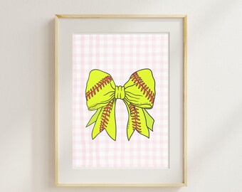 Softball and Baseball Bow Prints, Girls Room Wall Art (Digital Download)