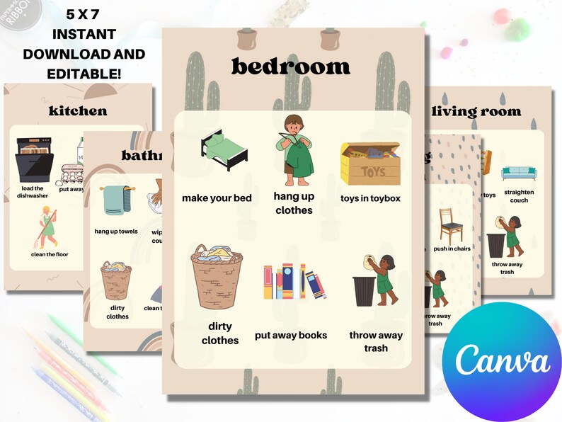 Kids Chore Chart Cards, Room by Room Cleaning (digital File) - Etsy