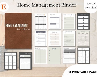 May include: A printable home management binder with 34 pages. The cover is brown with the text "HOME MANAGEMENT binder" in white. The pages include sections for doctor visits, monthly budget, meal planning, and more.