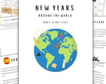 May include: A white paper with the title "NEW YEARS AROUND THE WORLD" and a globe illustration. The globe has green continents and blue oceans, with various icons representing New Year's traditions.