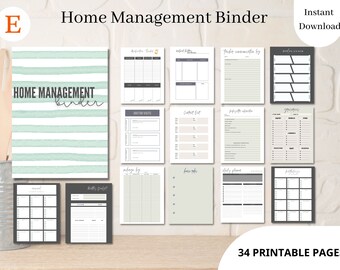 May include: A printable home management binder with 34 pages. The cover features a green and white striped design with the text "HOME MANAGEMENT binder". The pages include sections for doctor visits, contact lists, grocery lists, meal plans, and more.