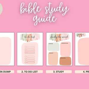 Può includere: Guida di studio biblico stampabile con quattro sezioni: Brain Dump, To Do List, Study the Word e Prayer. Ogni sezione ha uno sfondo rosa con accenti verdi e arancioni di tipo acquerello.