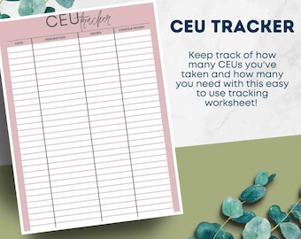 Könnte beinhalten: Ein druckbares CEU-Tracker-Arbeitsblatt mit Spalten für Datum, Beschreibung, Stunden und Code/Kategorie. Das Arbeitsblatt ist rosa und hat den Titel "CEU Tracker". Der Text unter dem Titel lautet: "Behalten Sie den Überblick über die Anzahl der CEUs, die Sie absolviert haben, und die Anzahl der CEUs, die Sie benötigen, mit diesem einfach zu verwendenden Tracking-Arbeitsblatt!"