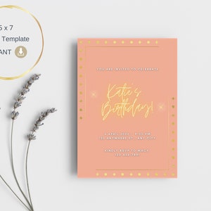 Meisjes bewerkbare verjaardagsuitnodiging, tiener goud en roze verjaardagsuitnodiging, 5 x 7 verjaardagsuitnodiging, Canva-sjabloon, uitnodiging voor verjaardagsfeestjes