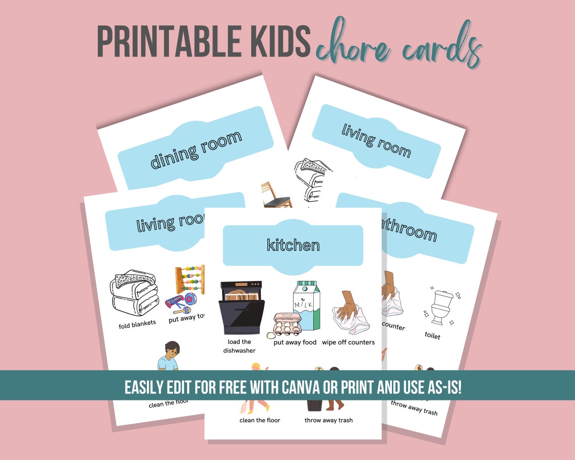 Printable Chore Cards for Kids, Editable Room-by-room Cleaning Cards ...