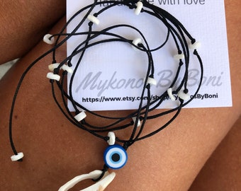 Mykonos seashell Necklace, summer necklace with natural shells and clay evil eye , boho and hippie style unique accessory