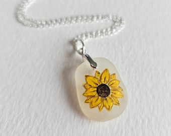 Sunflower Pendant, Sea Glass Pendant, Sea Glass, Sterling Silver, Amy Nemeth, Painted Flowers, Flowers, Yellow Flower, Yellow, Sunflower