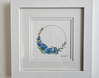 Floral Painting, Blue Flowers, Original Art, Watercolor, Amy Nemeth, Whimsical Art, Framed Art, Watercolour, Cirlce, floral wreath, white