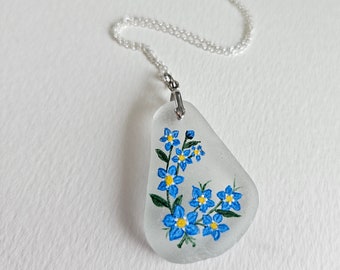 Forget Me Not Pendant, Large Pendant, Sea Glass Pendant, Sea Glass, Sterling Silver, Amy Nemeth, Painted Flowers, Flowers, Blue, In Memory