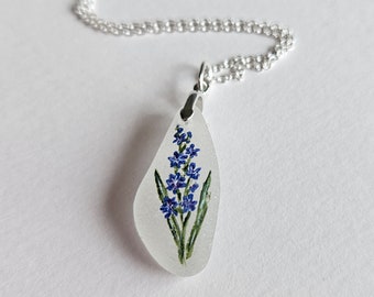 Delphinium Flower Pendant, Sea Glass Pendant, Sea Glass, Sterling Silver, Amy Nemeth, Painted Flowers, Blue, birth flower, larkspur, july