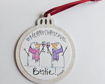 Best Friends, Besties, Christmas Ornament, watercolour art, wine, Best Friends Ornament, handmade ornament, Art Ornament, Handmade, red wine