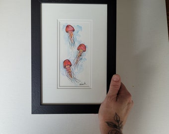 Jellyfish Painting, Original Art, Jellyfish, Watercolour, Watercolour and pen, Red Jellyfish, Amy Nemeth, Framed Art, Free Shipping, Red