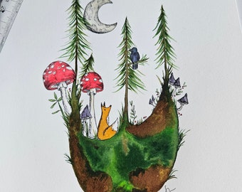 A Serendipitous Moment With the Fox, Watercolour, Acrylic ink, Original Art, unframed, Whimsical Art, Fox Art, Mushrooms, Moon, Amy Nemeth
