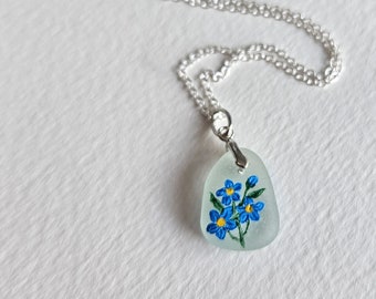 Forget Me Not Pendant, Sea Glass Pendant, Sea Glass, Sterling Silver, Amy Nemeth, Painted Flowers, Flowers, Blue Flowers, In Memory, Floral