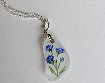 Flower Pendant, Sea Glass Pendant, Sea Glass, Sterling Silver, Amy Nemeth, Art, Flowers, Painted Flowers, Blue, Periwinkle