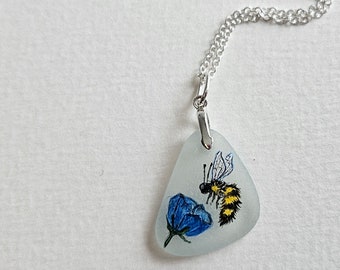 Bee Necklace- Bee and  Sea Glass Pendant- Wearable Art- Hand Painted- Sterling Silver Necklace- Sea Glass Jewelry- Sea Glass- Honey Bee