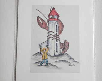 Lighthouse Art Print, 8x10, Print, Watercolour Art, Amy Nemeth, Lobster Art, Lobster Fishing, Funny Art, Comedy, Peggy's Cove, Nova Scotia