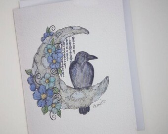 Note Card- Crow- Blank Card- Moon- Raven- Birthday Card- Thank you Card- Watercolor Art- Blank Inside- Nova Scotia