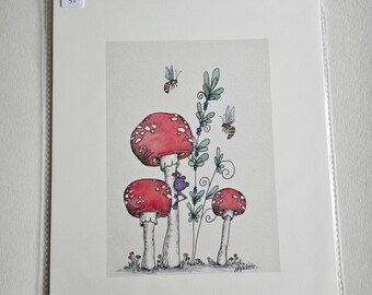 Whimsical Mushroom and Frog Art Print, 8x10, Print, Watercolour Art, Amy Nemeth, Mushroom Art, Frog Art, Bees, Whimsical Art, Simplistic