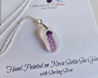 Jellyfish Necklace, Purple Jellyfish, Sea Glass Pendant, Wearable Art, Painted Sea Glass, Sterling Silver, Sea Glass, Amy Nemeth, Jellyfish