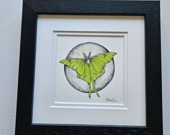 Luna Moth and Moon Painting, Full Moon, Original Art, Watercolor, Amy Nemeth, Whimsical Art, Framed Art, Lunar Art, Moon, Watercolour