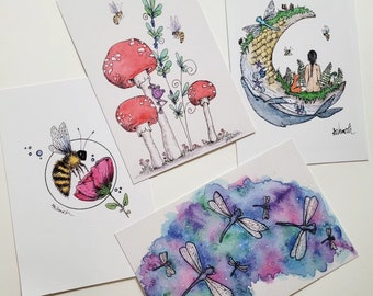 Watercolour Art- Prints- Mini Prints- 4x6- Art Prints- Watercolor Prints- Whimsical Art- Amy Nemeth- Bee, Whale, Dragonfly- mushrooms