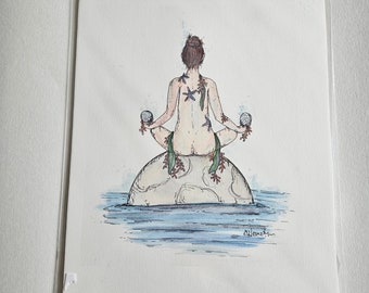 Moon Goddess Art Print, 8x10, Print, Ocean Goddess, Ocean, Watercolour Art, Body, Bum, Butt, Amy Nemeth, Artwork, Female Art, Female Body