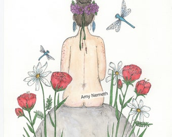 Flower Watercolor, Original Art, Whimsical Art, Amy Nemeth, Watercolor, Unframed, Flower Crown, Watercolour, Female Empowerment, Dragonfly