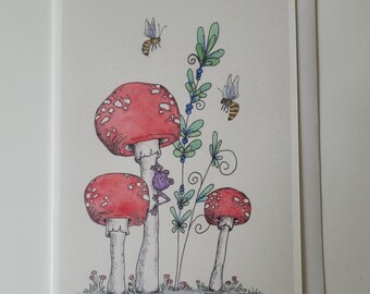 Note Card- Frog & Mushroom Card- Blank Card- Birthday Card- Thank you Card- Watercolor- Blank Inside -Amy Nemeth, Frog, Mushrooms, Frog Card