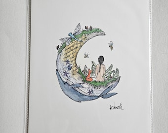 Moon Goddess Art Print, 8x10, Print, Ocean, Watercolour Art, Body, Bum, Butt, Amy Nemeth, Female Art, Female Body, Dragonfly, Whale, Bees