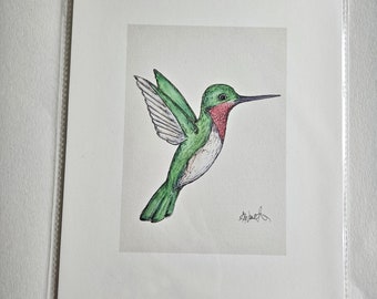 Hummingbird Art Print, 8x10, Print, Watercolour Art, Amy Nemeth, Male Hummingbird, Bird Art, Green, Ruby Throated Hummingbird, Minimal Art