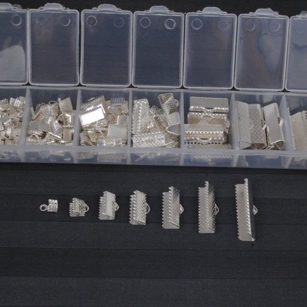 148 Ribbon Crimp Ends, Ribbon Ends, Ends Cord, Findings, Supplies, End Crimp Clamp for Ribbon, Silver Crimp Ends with Loops, Organizer   EZ5