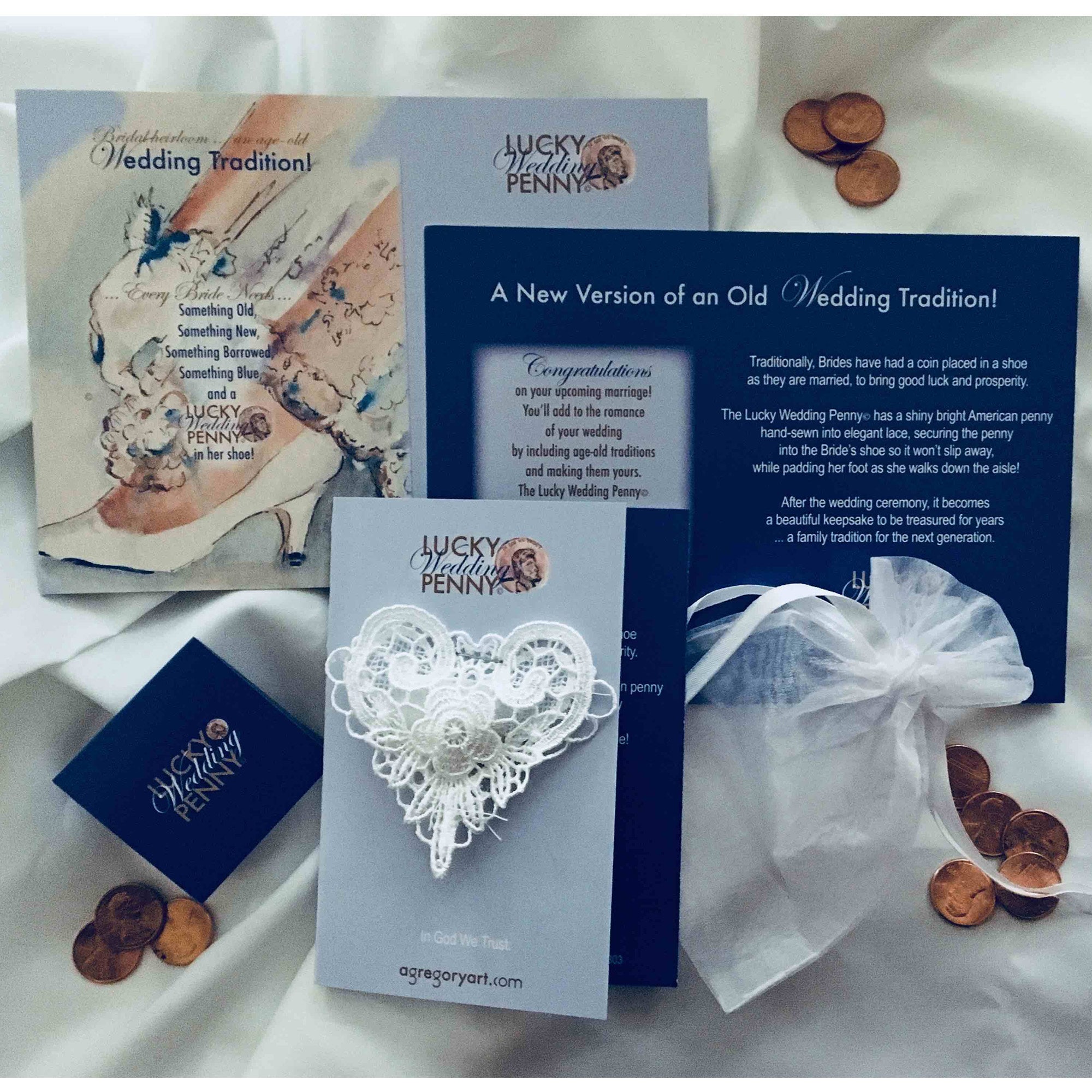 Lucky Wedding Penny: Lace Bridal Shower Gift - Something Old, New, Borrowed, Blue & Penny in Bride's Shoe